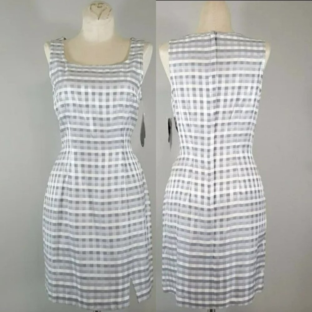 VTG My Michelle 90s Plaid Sheath Dress Size 7 8 NOS Gray White Gingham Made USA